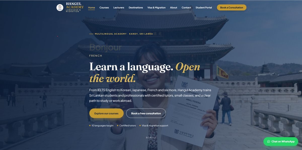 Hangul Academy website home page with the headline Learn a language. Open the world.