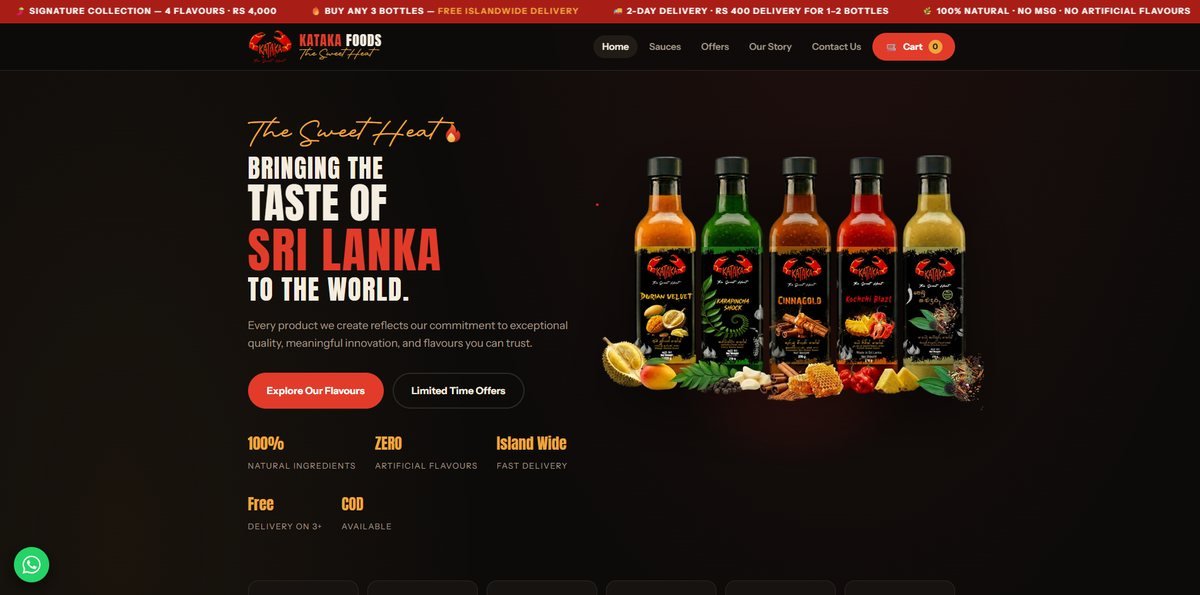 Kataka Foods website home page, showing five sauce bottles and the headline Bringing the taste of Sri Lanka to the world
