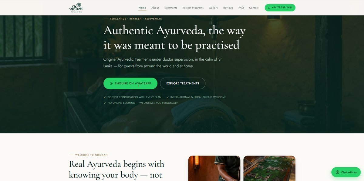Nirvaan Ayurvedic website home page with the headline Authentic Ayurveda, the way it was meant to be practised